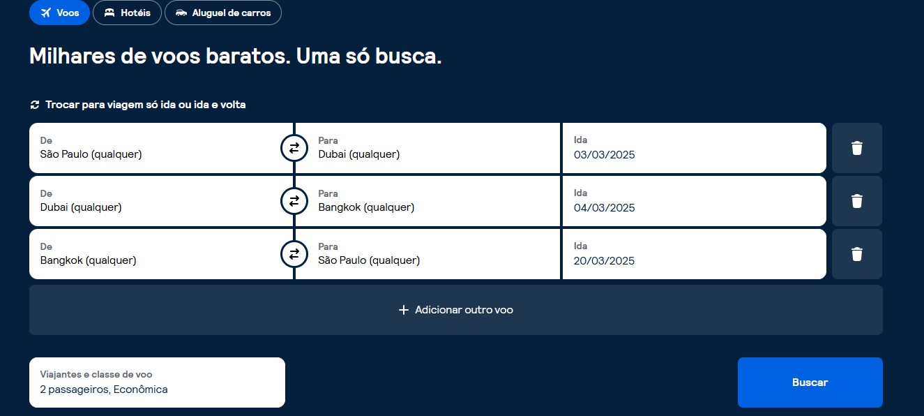 Multidestinos no skyscanner para fazer conexão em Dubai