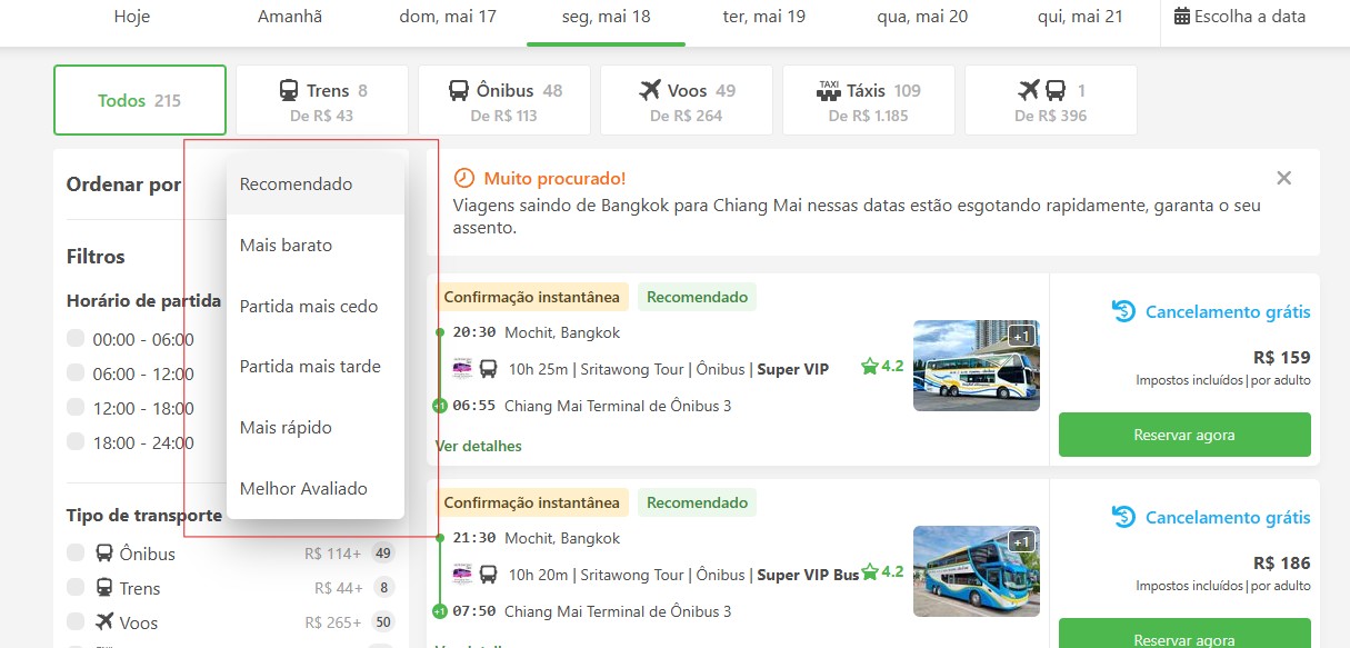 Filtro de pesquisa de modais no site do 12go Asia Filtro de pesquisa de modais no site do 12go Asia