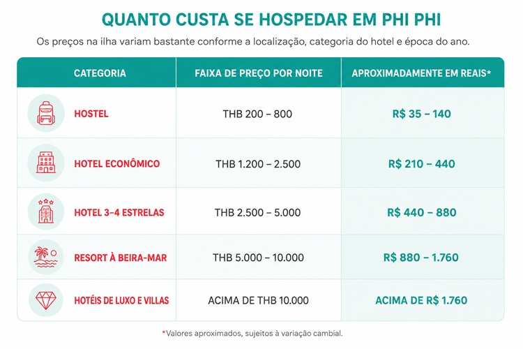Quanto custa de hospedar em Phi Phi - tabela comparativa de regiões Quanto custa de hospedar em Phi Phi - tabela comparativa de regiões